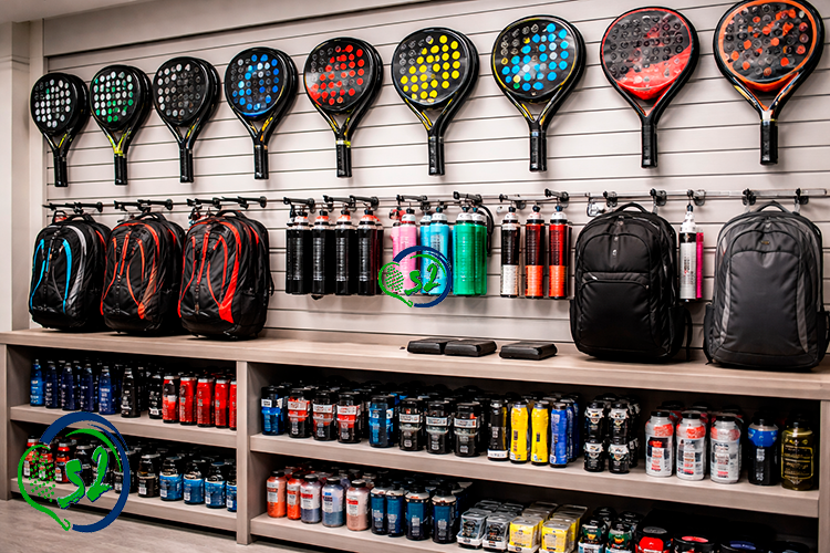 Exposición vertical de palas de pádel en tienda